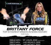 That’s what we call haulin’ ass! @brittanyforce set the National Speed Record in round 1 of the #NHRA #MidwestNats at 338.43 MPH 🤯 She is now the owner of all top 10 fastest Top Fuel speeds in NHRA history!

#BrittanyForce #JohnForceRacing #Nitro #TopFuel #SpeedRecord
