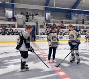 Langley Trappers 2021-2022 Captain #2 Brendan O’Grady dropped the ceremonial face-off puck Sunday versus the Mission City Outlaws. Current Captain #12 Hayden Yahn handed O’Grady his Pacific Junior Hockey League and Cyclone Taylor Cup Championship ring! Oh man are they spectacular!
❄️💎💙

Go Trappers Go!

📸 @macguardiero