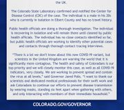 Today we discovered Colorado’s first case of the COVID-19 variant B.1.1.7, the same variant discovered in the UK. 

The health and safety of Coloradans is our top priority and we will monitor this case, as well as all COVID-19 indicators, very closely. https://t.co/fjyq7QhzBi