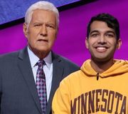 Congratulations to Pep Band member, Nibir Sarma, for advancing to the semifinal round of the Jeopardy! College Championship tournament. Tune in Tuesday (tomorrow) to cheer on Nibir! (Photo courtesy of jeopardy.com)
